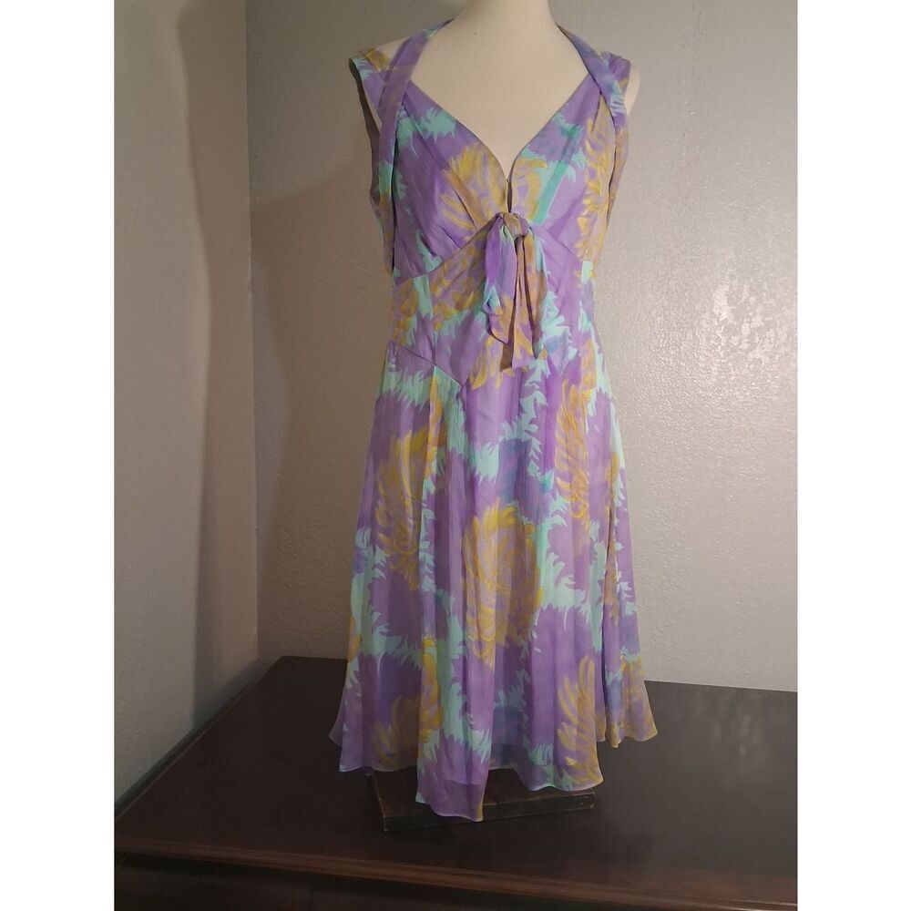 Nanette Lepore 100% Silk Lavender Floral Tie-Front Midi Dress